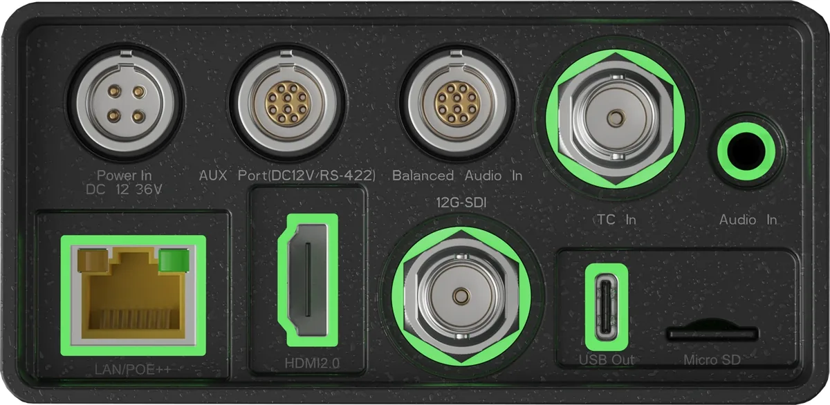 Bolin Range – Anschlussfeld mit 12G-SDI, HDMI 2.0, USB-C, LAN/PoE++, Timecode und Audio Bolin Range – Anschlussfeld mit 12G-SDI, HDMI 2.0, USB-C, LAN/PoE++, Timecode und Audio