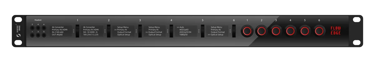 Science Image Flow Edge – Frontseite mit OLED-Displays, Drehrädern und Netzschaltern je Kanal Science Image Flow Edge – Frontseite mit OLED-Displays, Drehrädern und Netzschaltern je Kanal