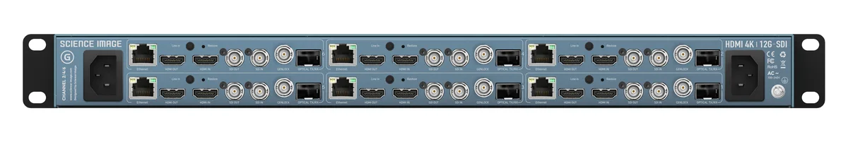 Science Image Flow Edge G – Front- und Rückseite mit SDI-, HDMI-, Genlock-, Glasfaser-, Netzwerk- und Audioanschlüssen Science Image Flow Edge G – Front- und Rückseite mit SDI-, HDMI-, Genlock-, Glasfaser-, Netzwerk- und Audioanschlüssen