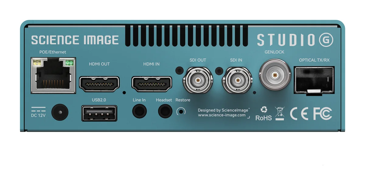 Science Image Studio G – Front mit OLED-Display und Rückseite mit SDI-, HDMI-, Genlock-, SFP- und Netzwerkanschlüssen Science Image Studio G – Front mit OLED-Display und Rückseite mit SDI-, HDMI-, Genlock-, SFP- und Netzwerkanschlüssen