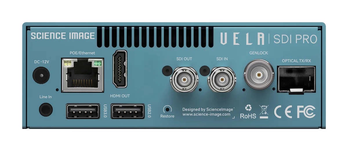 Science Image Vela SDI Pro – Front mit Touchdisplay und Rückseite mit 12G-SDI-, Genlock-, HDMI- und SFP-Anschlüssen Science Image Vela SDI Pro – Front mit Touchdisplay und Rückseite mit 12G-SDI-, Genlock-, HDMI- und SFP-Anschlüssen
