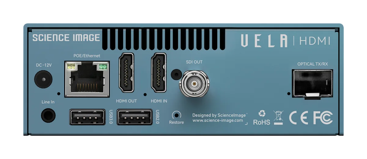 Science Image Vela HDMI – Front mit Touchdisplay und Rückseite mit HDMI-, 12G-SDI- und SFP-Anschlüssen Science Image Vela HDMI – Front mit Touchdisplay und Rückseite mit HDMI-, 12G-SDI- und SFP-Anschlüssen